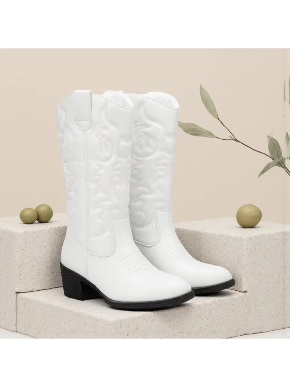 Women's white Leather Cowboy Western Cowgirl Round Toe Mid Calf Boot - Picture 3 of 6
